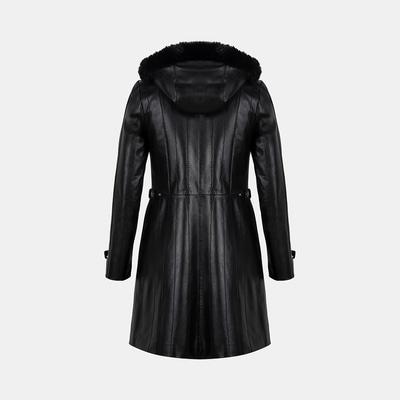 Kadın Siyah Hakim Yakalı Kapüşonlu Deri Kaban