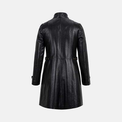 Kadın Siyah Hakim Yakalı Kapüşonlu Deri Kaban