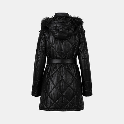 Kadın Siyah Hakim Yakalı Kapüşonlu Deri Mont