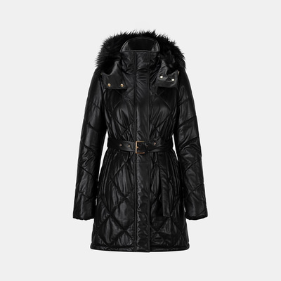 Kadın Siyah Hakim Yakalı Kapüşonlu Deri Mont