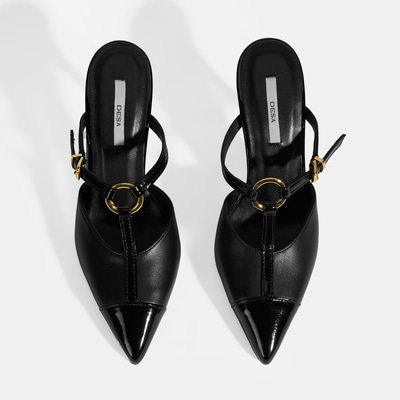 Kadın Siyah Halka Aksesuarlı Deri Abiye Topuklu Terlik