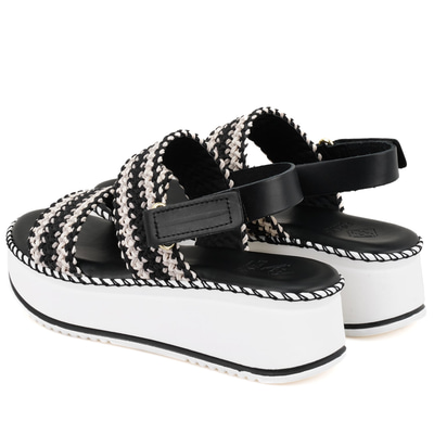 Kadın Siyah Hasır Örgülü Deri Sandalet