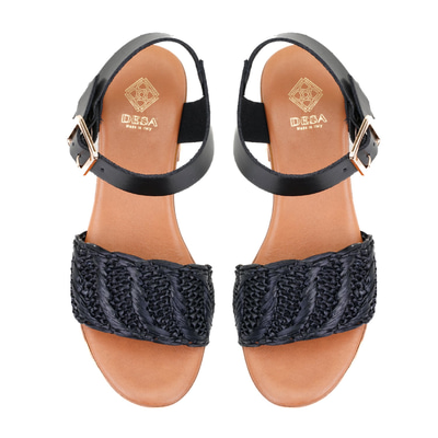Kadın Siyah Hasır Topuklu Deri Sandalet