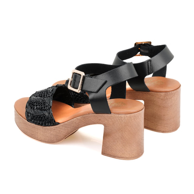 Kadın Siyah Hasır Topuklu Deri Sandalet