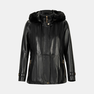 Kadın Siyah Kapüşonlu Deri Mont