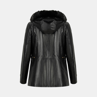 Kadın Siyah Kapüşonlu Deri Mont