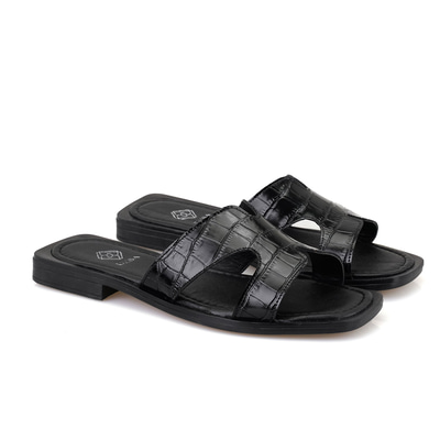 Kadın Siyah Kroko Baskılı Deri Terlik