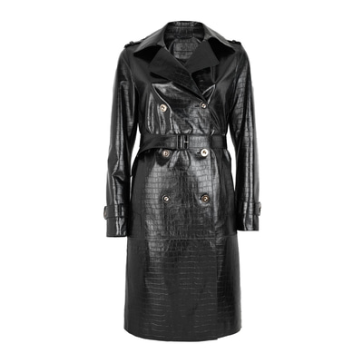 Kadın Siyah Kroko Baskılı Deri Trençkot