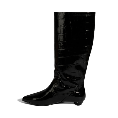 Kadın Siyah Kroko Baskılı İnce Topuklu Rugan Deri Çizme