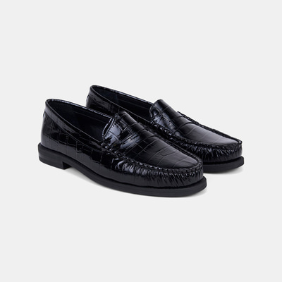 Kadın Siyah Kroko Baskılı Klasik Deri Loafer