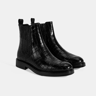 Kadın Siyah Kroko Baskılı Lastikli Deri Bot
