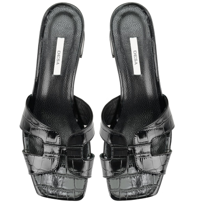 Kadın Siyah Kroko Baskılı Topuklu Deri Terlik