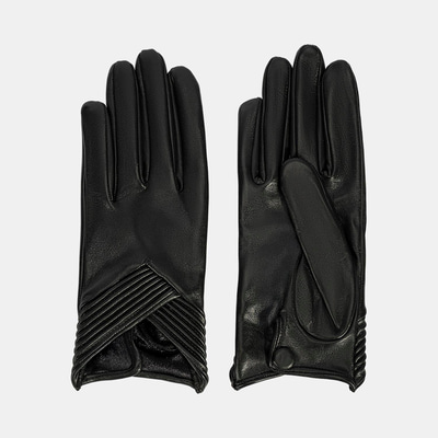 Kadın Siyah Lastik Detaylı Deri Eldiven