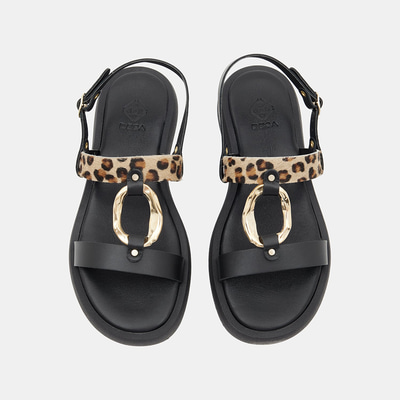 Kadın Siyah Leopar Desenli Tokalı Deri Sandalet