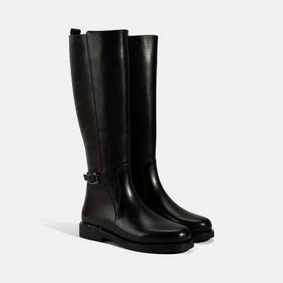 Kadın Siyah Metal Tokalı Kalın Topuklu Deri Çizme