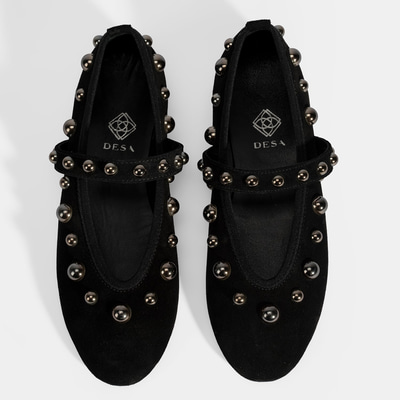 Kadın Siyah Metal Zımba Detaylı Mary Jane Babet