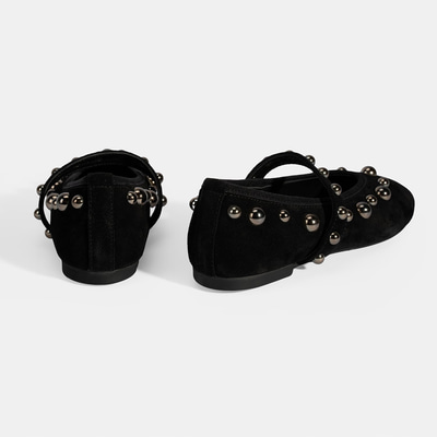 Kadın Siyah Metal Zımba Detaylı Mary Jane Babet