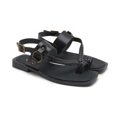 Kadın Siyah Örgü Baskılı Deri Sandalet