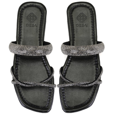 Kadın Siyah Parlak Taş Detaylı Terlik