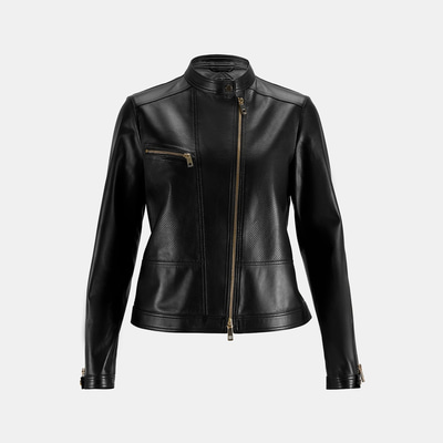 Kadın Siyah Perfore Detaylı Deri Ceket