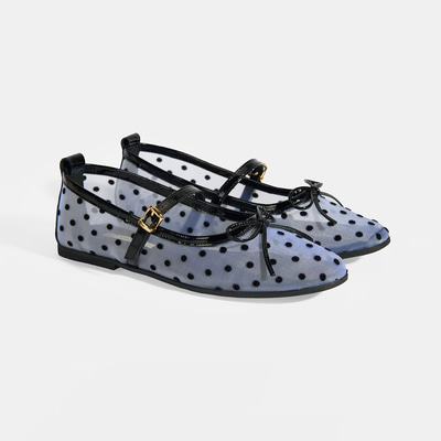 Kadın Siyah Puantiyeli Toka Aksesuarlı Babet