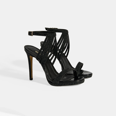 Kadın Siyah Simli Bantlı Topuklu Abiye Sandalet