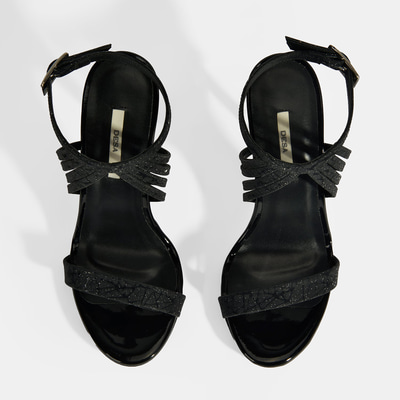 Kadın Siyah Simli Bantlı Topuklu Abiye Sandalet