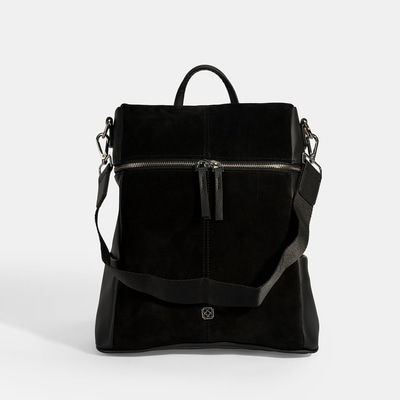 Kadın Siyah Süet Detaylı Fermuarlı Sırt Çantası