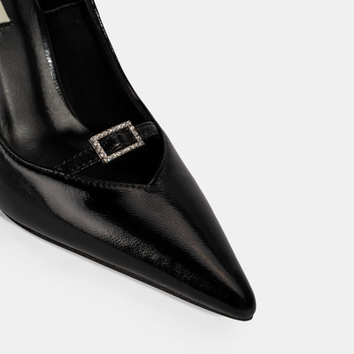 Kadın Siyah Taşlı Toka Detaylı Rugan Topuklu Abiye Ayakkabı