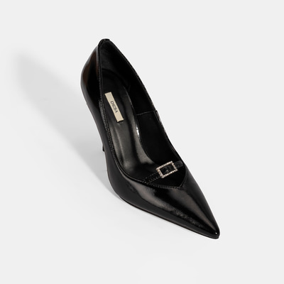 Kadın Siyah Taşlı Toka Detaylı Rugan Topuklu Abiye Ayakkabı