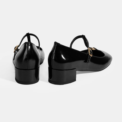 Kadın Siyah Toka Aksesuarlı T-Bant Rugan Topuklu Babet