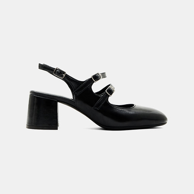 Kadın Siyah Tokalı Kalın Topuklu Klasik Rugan Deri Ayakkabı