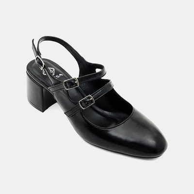 Kadın Siyah Tokalı Kalın Topuklu Klasik Rugan Deri Ayakkabı