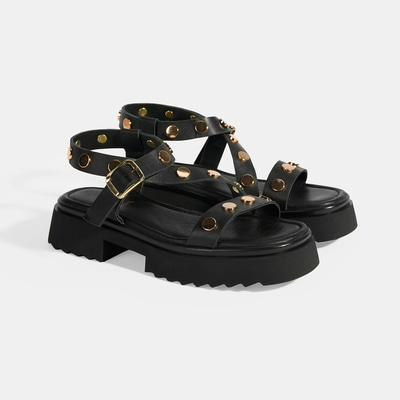 Kadın Siyah Zımba Detaylı Deri Sandalet