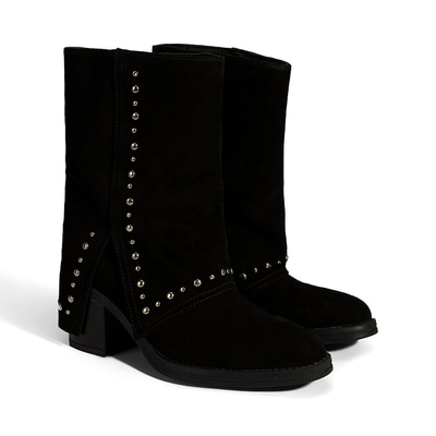 Kadın Siyah Zımba Detaylı Kalın Topuklu Süet Bot