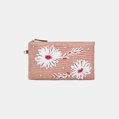 Kadın Somon Çiçek Motifli Boncuklu Hasır Clutch