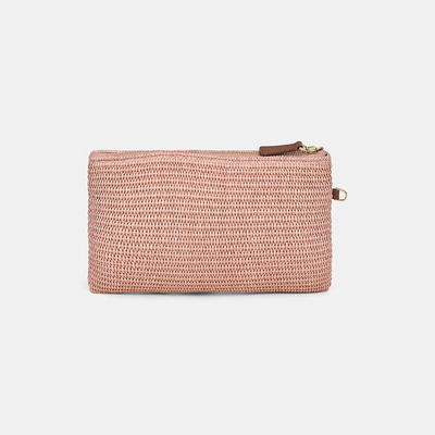 Kadın Somon Çiçek Motifli Boncuklu Hasır Clutch