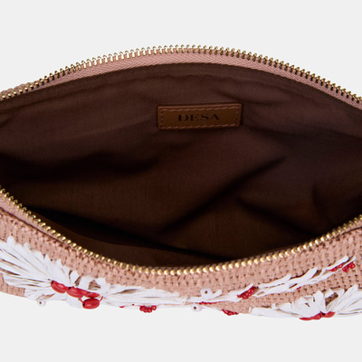 Kadın Somon Çiçek Motifli Boncuklu Hasır Clutch