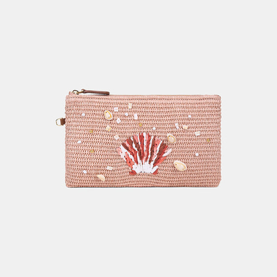 Kadın Somon Deniz Kabuğu Aksesuarlı Hasır Clutch