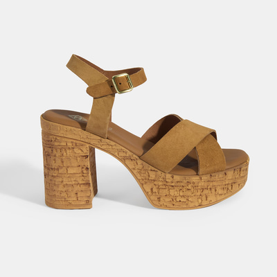 Kadın Taba Ayarlanabilir Tokalı Topuklu Süet Sandalet    