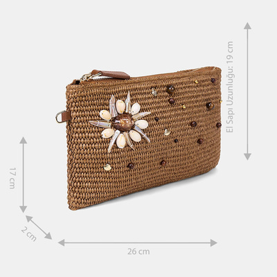 Kadın Taba Deniz Kabuğu Aksesuarlı Hasır Clutch