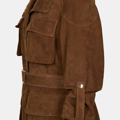 Kadın Taba Dik Yakalı Kemerli Süet Ceket