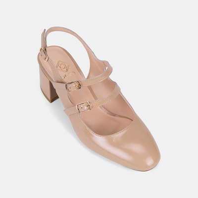 Kadın Ten Tokalı Kalın Topuklu Klasik Rugan Deri Ayakkabı