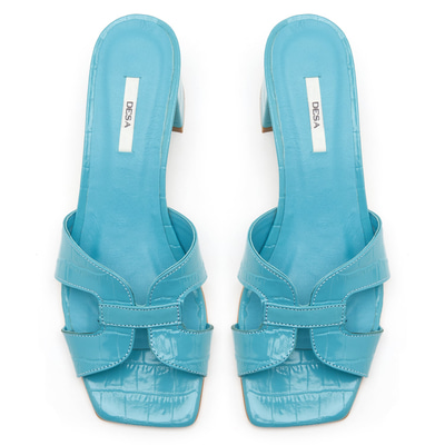 Kadın Turkuaz Kroko Baskılı Deri Terlik