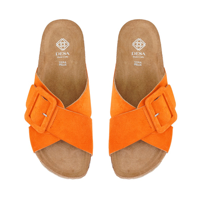 Kadın Turuncu Ayarlanabilir Tokalı Süet Deri Terlik