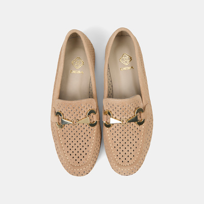 Kadın Vizon Metal Aksesuarlı Perforeli Süet Loafer