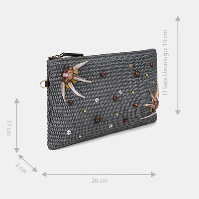 Kadın Yeşil Boncuk İşlemeli Hasır Clutch