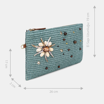 Kadın Yeşil Deniz Kabuğu Aksesuarlı Hasır Clutch