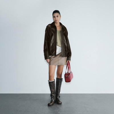 Kadın Yeşil Gömlek Yakalı Deri Bomber Ceket