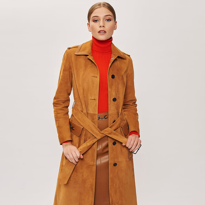 Kahve Diana Kadın Zincir Detaylı Uzun Süet Kaban